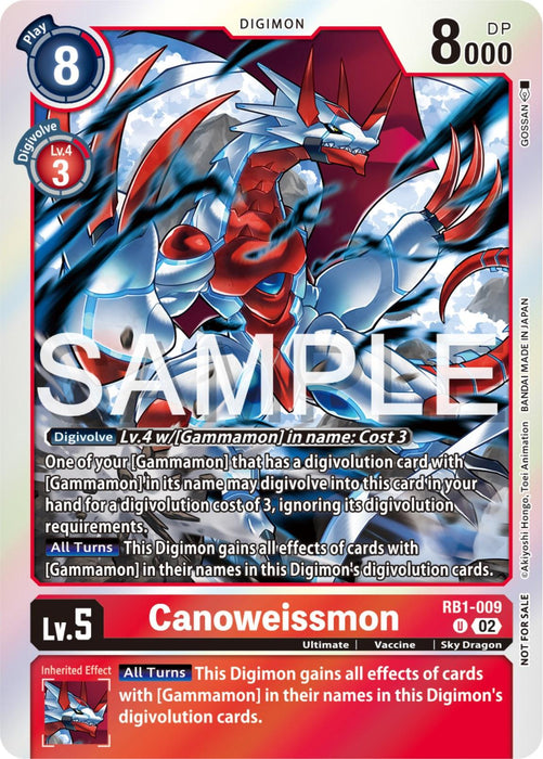 A Digimon card of "Canoweissmon [RB1-009] (Event Pack 6) [Resurgence Booster]" featuring a red and white, muscular, dragon-like creature with large wings and a sharp tail. The card is part of the Resurgence Booster set, has a blue and red border with game statistics: play cost 8, 8000 DP, and level 5. There’s detailed text about the Digimon's abilities and evolution requirements.