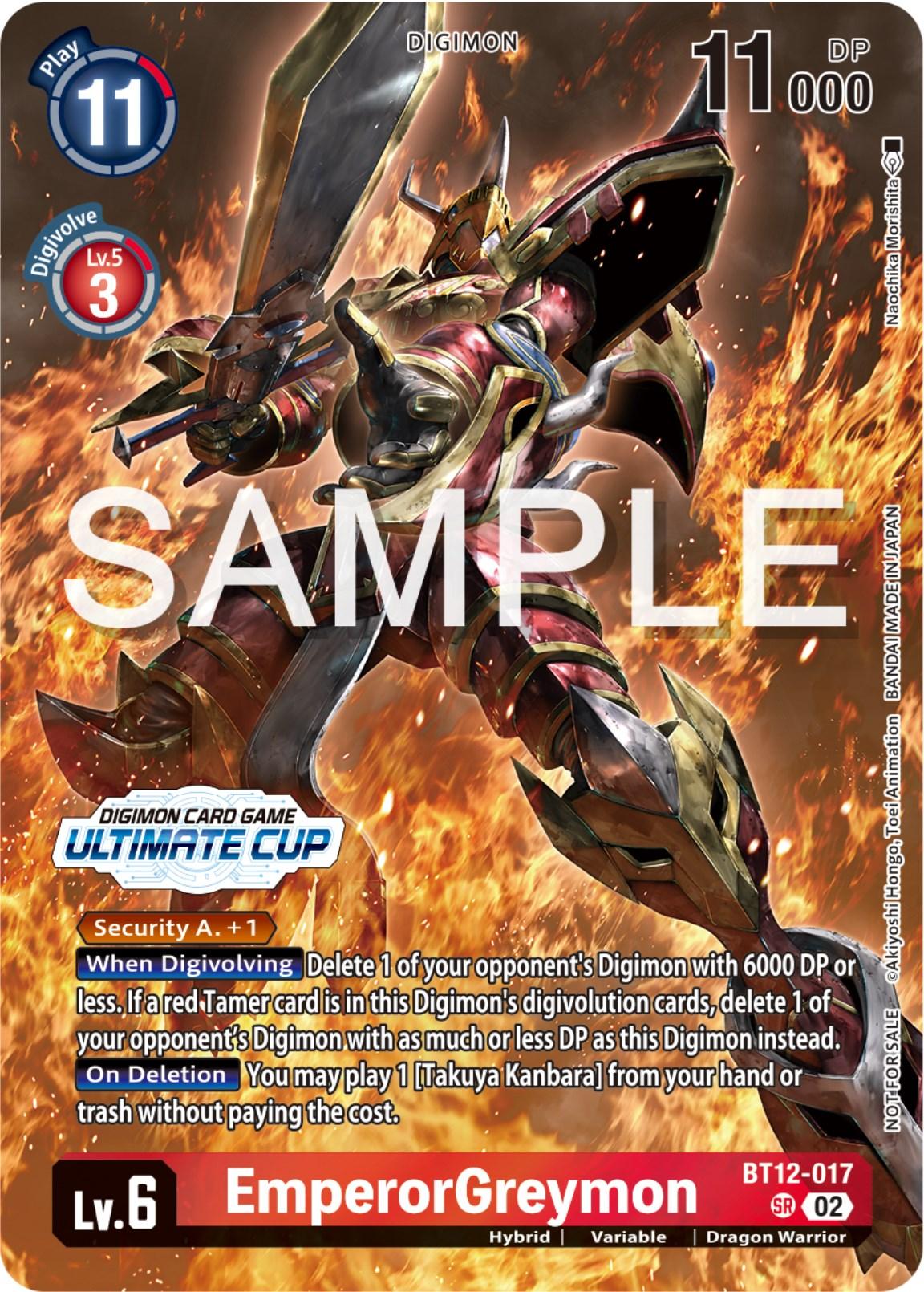 Introducing the EmperorGreymon [BT12-017] (Ultimate Cup 2024) from the Across Time Promos collection by Digimon. This digital trading card showcases the Dragon Warrior, EmperorGreymon, in dynamic, battle-ready armor wielding a large sword against a fiery background. The card includes detailed game attributes and abilities text, with 