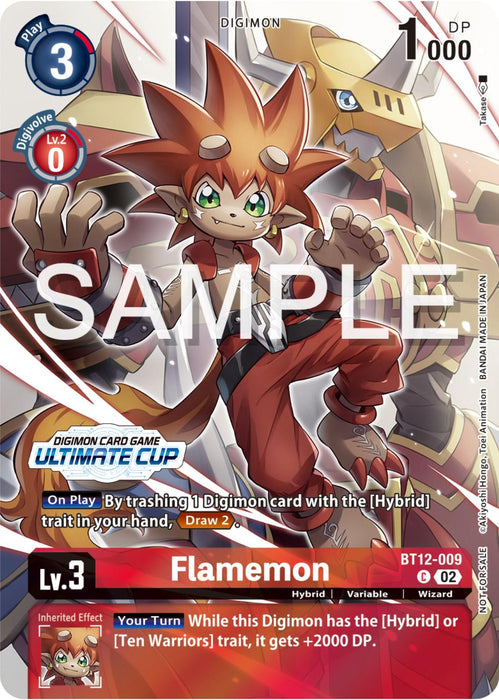 A Digimon trading card titled "Flamemon [BT12-009] (Ultimate Cup 2024) [Across Time Promos]" shows a cartoon character with red spiky hair and a red outfit. The character, showcasing its Hybrid trait, poses dynamically with a large mechanical creature in the background. Detailed stats, abilities, and game-related text are visible under a "SAMPLE" watermark.