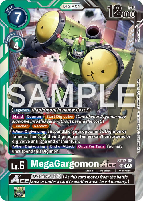 A Digimon trading card featuring "MegaGargomon Ace [ST17-08] [Starter Deck: Double Typhoon Advanced Deck Set]" from Digimon. The Super Rare card depicts a mechanical Digimon with a missile-launching arm. It's a Level 6 card with 12,000 DP, a play cost of 7, and Digivolve costs of 5 and 4. Key effects include "Haste," "Counter," "Reboot," and "Overflow (-4".
