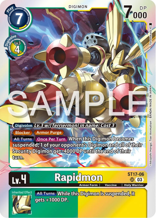 A Digimon Rapidmon [ST17-06] [Starter Deck: Double Typhoon Advanced Deck Set] card featuring Rapidmon. This Holy Warrior boasts a play cost of 7 and 7000 DP. The card image displays a gold-armored, rabbit-like Digimon with green eyes and a missile on its back. It has inheritable and standard effects, including +1000 DP when suspended and Armor Purge ability.