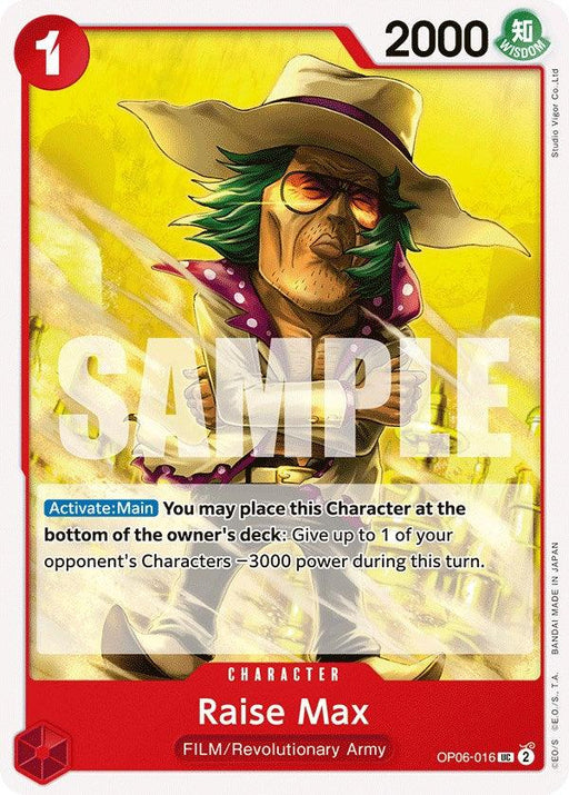 A Bandai Raise Max [Wings of the Captain] game card featuring an uncommon character with green hair, wearing a yellow hat, sunglasses, and a white coat adorned with purple and gold accents. The card has stats and abilities, with "SAMPLE" printed across it. From the FILM/Revolutionary Army, part of the TCG Release 2024.