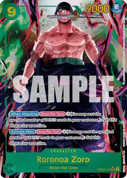 A Secret Rare character card from the One Piece trading card game depicting Roronoa Zoro, a muscular man with green hair, bandana, and three swords. He's shirtless, wearing a long, dark coat and red sash, showcasing a fierce expression. The Roronoa Zoro (Alternate Art) [Wings of the Captain] card has green-bordered text with gameplay details, "9000" power level, and "SAMPLE" watermark by Bandai.