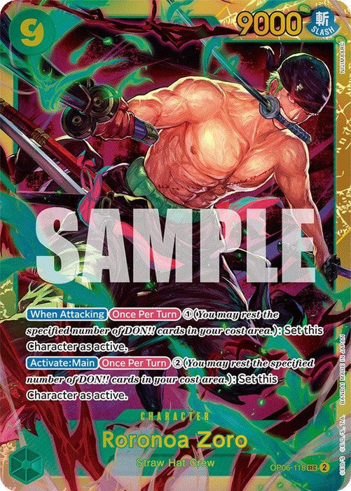 A trading card featuring Roronoa Zoro from the One Piece series. Zoro, muscular and shirtless, wields dual swords, surrounded by vibrant, abstract designs in green and red. The Secret Rare card boasts stats and abilities with "SAMPLE" across it. "2024 Release" and "Straw Hat Crew" are at the bottom. The card is called Roronoa Zoro [Wings of the Captain] from Bandai.