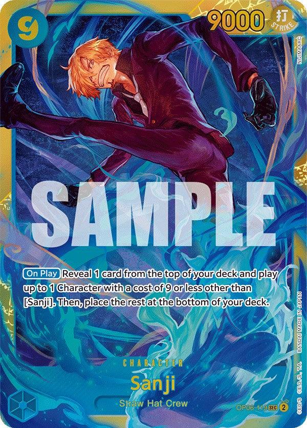 A Secret Rare trading card featuring the character Sanji from the One Piece series. Sanji, in a black suit, strikes an action pose with blue swirling effects around him. The card text details his ability to reveal and play a card from the top of your deck. The word 