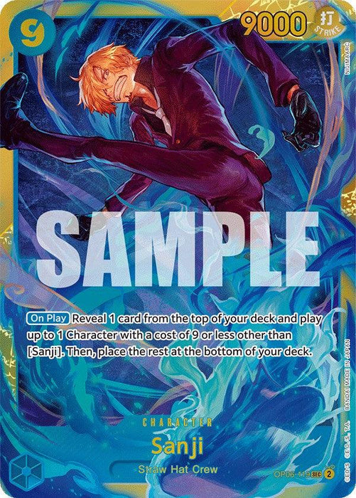 A Secret Rare trading card featuring the character Sanji from the One Piece series. Sanji, in a black suit, strikes an action pose with blue swirling effects around him. The card text details his ability to reveal and play a card from the top of your deck. The word "SAMPLE" is overlaid in large letters.

Product Name: **Sanji [Wings of the Captain]**

Brand Name: **Bandai**