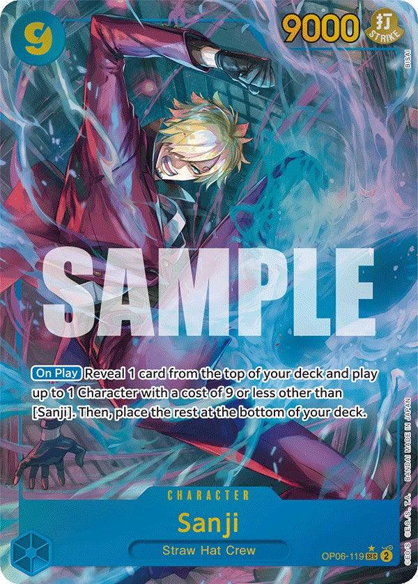 A Secret Rare character card featuring Sanji (Alternate Art) [Wings of the Captain] from Bandai. He is depicted in a dynamic pose with a fiery background. The card has a power level of 9000, includes an ability description, and showcases the 