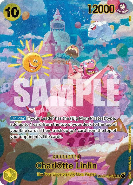 A Bandai Charlotte Linlin (SP) [Wings of the Captain] trading card featuring Charlotte Linlin from the Big Mom Pirates in "One Piece." She stands amidst a colorful, whimsical landscape with candy-themed structures and a smiling sun. The card has a purple background, a power value of 12000, cost of 10, and detailed game effects text.