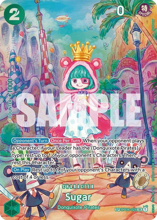A Super Rare character card featuring Sugar from the Donquixote Pirates in a trading card game. Sugar, with green hair, a crown, and a bear-themed outfit, boasts "Opponent's Turn" and "On Play" abilities. With a cost of 2 and power of 1000, the vibrant, whimsical background captures the essence of **Sugar (SP) \[Wings of the Captain\]** by **Bandai**.