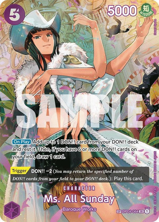 A Super Rare character card features "Ms. All Sunday (SP) [Wings of the Captain]" from the Baroque Works faction. She has long hair, a white hat, purple dress, and a white coat. With a power level of 5000 and various abilities detailed on the card, the colorful and vibrant background enhances her striking presence. This card is produced by Bandai.