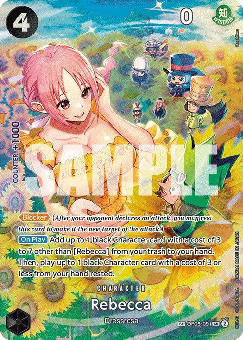 A collectible card from a trading card game featuring a pink-haired anime character named Rebecca in a yellow dress amidst sunflowers. Titled "Rebecca (SP) [Wings of the Captain]," she is the main focus, with smaller, uniquely dressed characters around her. The card includes various game-related stats and abilities from Bandai.