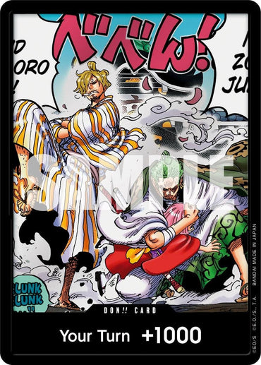 Two muscular characters in dynamic poses dominate this card. The left character wears a striped robe and headscarf, while the right wears a mask and intricate robes, mid-attack. Both have intense expressions. The text "Your Turn +1000" appears at the bottom. This is a DON!! Card (Alternate Art) [Wings of the Captain] from Bandai, releasing on 2024-03-15.