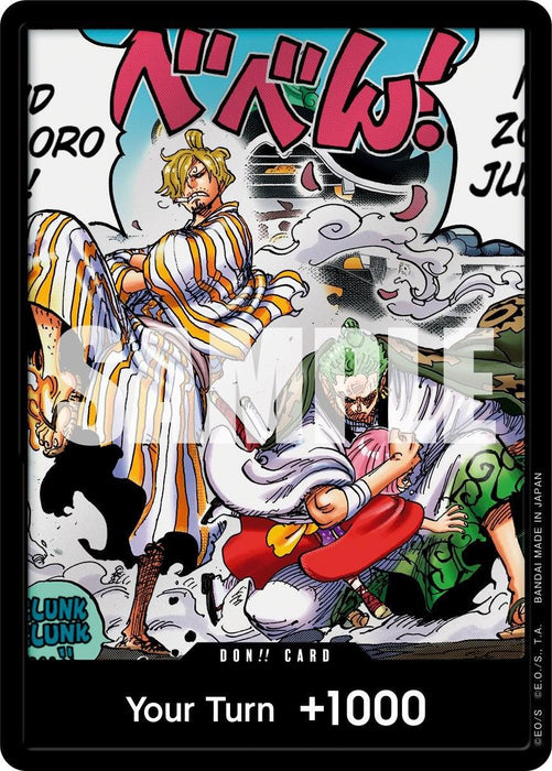 Two muscular characters in dynamic poses dominate this card. The left character wears a striped robe and headscarf, while the right wears a mask and intricate robes, mid-attack. Both have intense expressions. The text "Your Turn +1000" appears at the bottom. This is a DON!! Card (Alternate Art) [Wings of the Captain] from Bandai, releasing on 2024-03-15.
