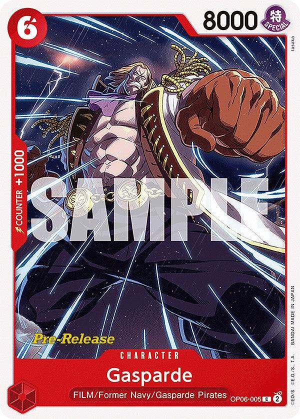 A Bandai Gasparde [Wings of the Captain Pre-Release Card], featuring a stylized depiction of Gasparde in a dynamic pose with a fierce expression. He wears a lavish, open shirt, revealing his muscular chest. The background showcases abstract, swirling blue and purple patterns. Text on the card includes 