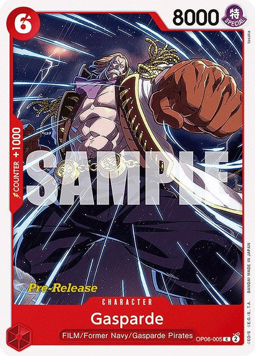 A Bandai Gasparde [Wings of the Captain Pre-Release Card], featuring a stylized depiction of Gasparde in a dynamic pose with a fierce expression. He wears a lavish, open shirt, revealing his muscular chest. The background showcases abstract, swirling blue and purple patterns. Text on the card includes "Pre-Release," "Gasparde," 8000 Power, and game stats.
