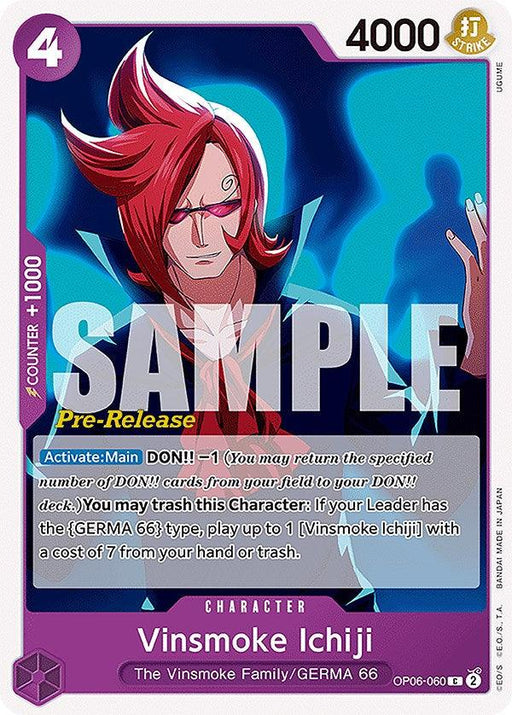 A trading card featuring Vinsmoke Ichiji from the GERMA 66 series, part of the Bandai Vinsmoke Ichiji [Wings of the Captain Pre-Release Cards]. Vinsmoke Ichiji, with red hair and a determined expression, stands against a blue background. The card boasts a power of 4000 and includes an Activate skill description. "SAMPLE" is boldly overlaid.