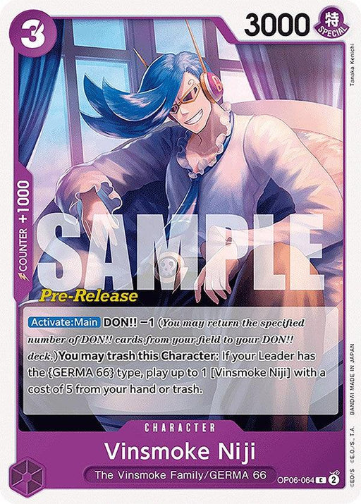 Character card for "Vinsmoke Niji" from the game One Piece Card Game. The GERMA 66 hero, with blue hair and a purple and white superhero suit emblazoned with a number "2," features 3000 power, 3 cost, and counter +1000. Marked as "Sample" and part of the Vinsmoke Niji (064) [Wings of the Captain Pre-Release Cards] by Bandai.