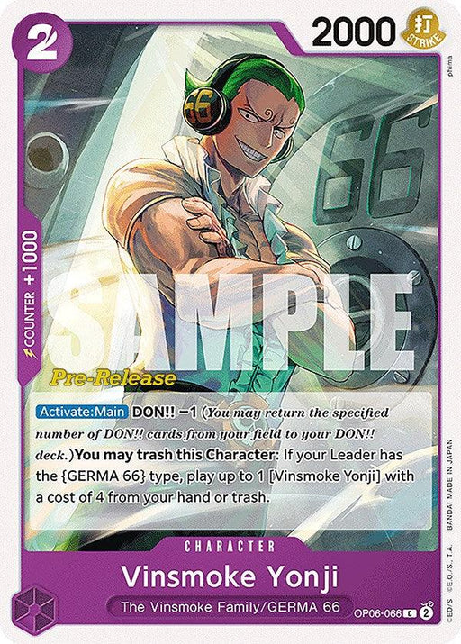 A Bandai Vinsmoke Yonji [Wings of the Captain Pre-Release Cards] featuring Vinsmoke Yonji from the Vinsmoke Family/GERMA 66. The card has a purple border, character cost of 2, and power of 2000. Yonji, with green hair and headset, smiles confidently. Text includes his abilities and card number OP06-066 from the One Piece series, also labeled "Wings of