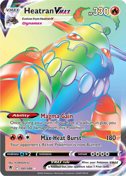 A Pokémon Heatran VMAX (191/189) [Sword & Shield: Astral Radiance] card from the Astral Radiance set, featuring a rainbow-colored, shining Heatran facing forward. The card has an HP of 330 and two abilities listed: "Magma Gain" and "Max Heat Burst," which deals 180 damage and causes a burn. As a Secret Rare card, it lists weaknesses, resistances, and retreat cost at the bottom.
