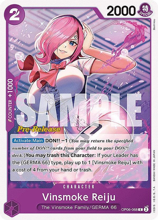 A Vinsmoke Reiju [Wings of the Captain Pre-Release Cards] from Bandai, depicting Vinsmoke Reiju from the One Piece series. She is shown with pink hair, wearing a white and purple suit, gloved hand near her face. The card has various stats: purple frame, 2000 power, COST 2, COUNTER +1000. Text includes special abilities and the