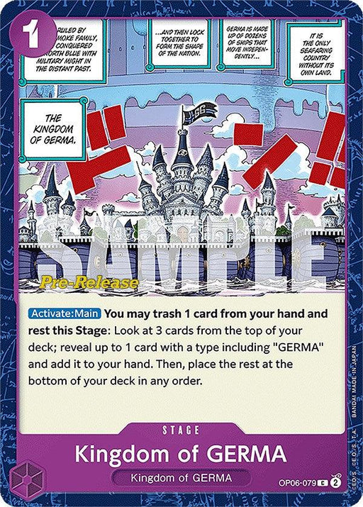 A vibrant game card displays a majestic castle with text "The Kingdom of Germa" in a comic-style font. Instructions on the card read: "You may trash 1 card...". The pre-release card, labeled "Wings of the Captain," includes activation and deck strategy at the bottom. The product, Kingdom of GERMA [Wings of the Captain Pre-Release Cards], is by Bandai.