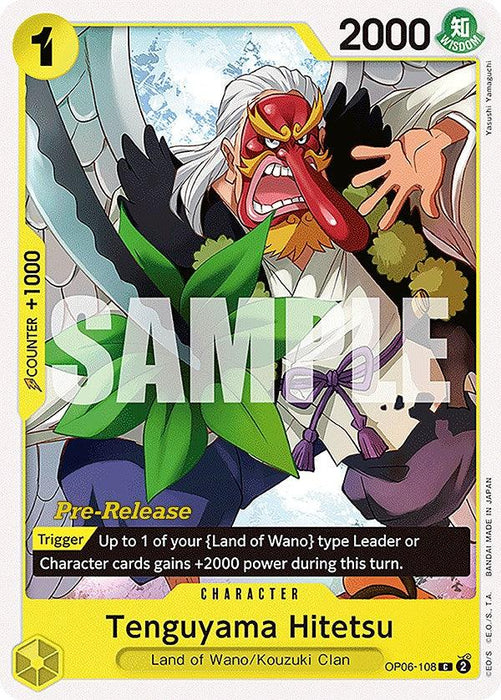 A Bandai Tenguyama Hitetsu [Wings of the Captain Pre-Release Cards] trading card features Tenguyama Hitetsu from the Land of Wano/Kouzuki Clan. The character wears a tengu mask with a long red nose and white hair. This character card has 2000 power and 1 cost, with abilities described in yellow sections. "SAMPLE" is overlayed in white.