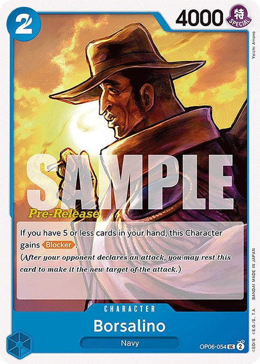 A trading card from the Wings of the Captain collection showcases Borsalino from the Navy, adorned with a wide-brimmed hat and trench coat, highlighted in warm tones. The Borsalino [Wings of the Captain Pre-Release Cards] by Bandai features text "SAMPLE" and details 4000 power, a cost of 2, and special abilities like gaining "Blocker" if holding five or fewer cards.