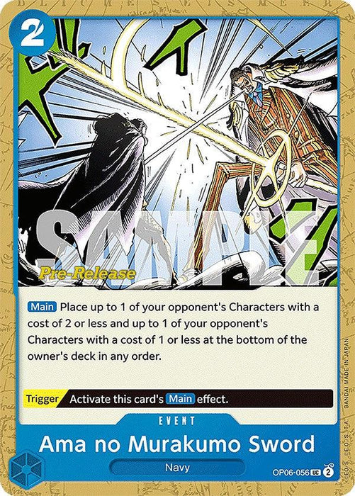 The image displays a trading card titled "Ama no Murakumo Sword [Wings of the Captain Pre-Release Cards]," an Uncommon Event Card from Bandai. Categorized as a "Navy" Event with a cost of 2, it allows placement of opponent's characters with specified costs at the deck's bottom. Illustrated are characters in battle with a bright light between them.