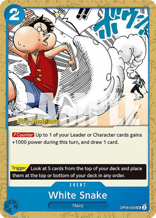 A trading card titled "White Snake [Wings of the Captain Pre-Release Cards]" from the Bandai franchise. This uncommon event card depicts a character in a red vest, blue shorts, and a straw hat releasing a powerful punch, creating a whirlwind. Text at the bottom describes the card's effect. The background includes a SAMPLE watermark.