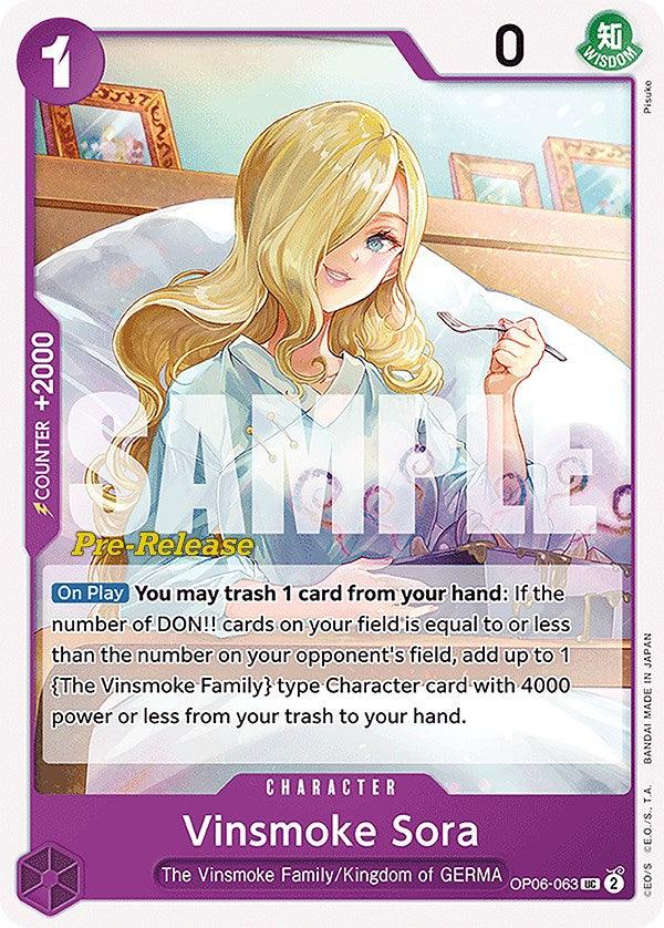 A trading card depicting Vinsmoke Sora from the One Piece universe. As an uncommon rarity card, it features Sora, a blonde woman holding a spoon with a gentle smile. Text details on the card outline gameplay attributes like trashing cards and playing low-cost characters. 