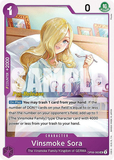 A trading card depicting Vinsmoke Sora from the One Piece universe. As an uncommon rarity card, it features Sora, a blonde woman holding a spoon with a gentle smile. Text details on the card outline gameplay attributes like trashing cards and playing low-cost characters. "Pre-Release" is noted at the top. The product is called Vinsmoke Sora [Wings of the Captain Pre-Release Cards] by Bandai.