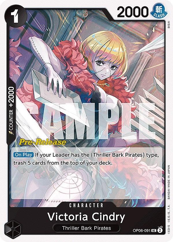 A trading card featuring Victoria Cindry from the Thriller Bark Pirates with a pre-release badge. Victoria has short blonde hair and wears a black outfit with white accents. The card attributes show a cost of 1, a power of 2000, and a +2000 counter. The colorful and abstract background screams 