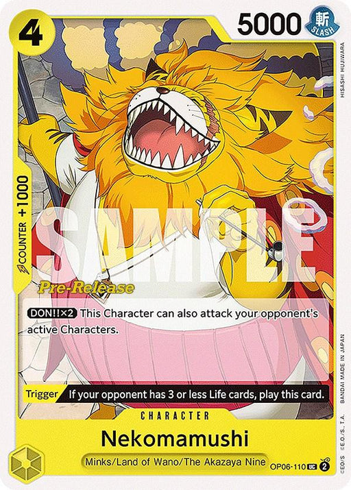 A pre-release character card from Bandai featuring the fierce feline, Nekomamushi [Wings of the Captain Pre-Release Cards]. Boasting yellow fur, a large mane, and roaring with sharp teeth visible, this card displays stats of 4 cost, 5000 power, and an ability. "Sample" is overlaid for now.
