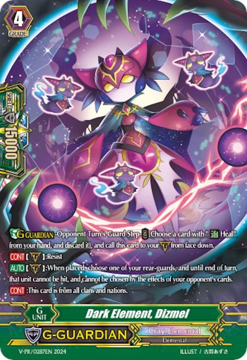 Card from the game Cardfight!! Vanguard featuring 'Dark Element, Dizmel (Spring Fest 2024) (V-PR-0287EN) [Bushiroad Event Cards],' a Cray Elemental with sharp features and intricate details set against an ethereal background. This Promo Rare card, available at Bushiroad Event Cards, includes detailed game-related text and stats such as Grade 4, power, and G-Guardian specifications.