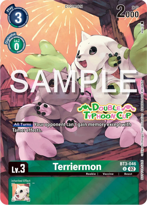 A Digimon card featuring Rookie Terriermon with a cost of 3 to play, 0 to digivolve, and 2000 DP. Terriermon is shown in a dynamic, lush forest setting. The card has a special move called "Double Typhoon" and a restriction: "Your opponent can't gain memory except with Tamer effects." It is labeled as Terriermon [BT3-046] (Double Typhoon Cup) [Release Special Booster Promos] from Digimon.