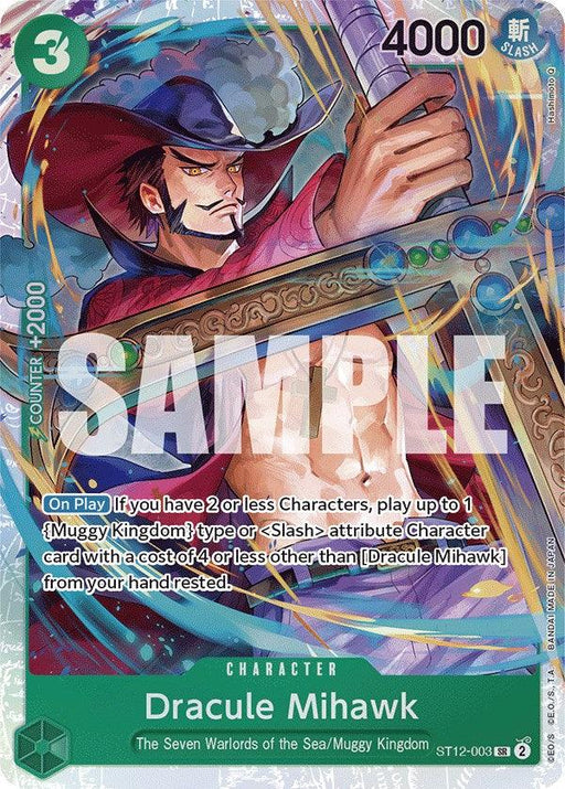 A colorful trading card featuring the character Dracule Mihawk. He's depicted with a large, wide-brimmed hat and brandishing a massive sword. This Super Rare card from Bandai's Dracule Mihawk [Starter Deck: Zoro and Sanji] has various stats: 3 cost, 4000 power, and a Counter of 2000. The background is filled with green and orange hues. "SAMPLE" text overlays the image.