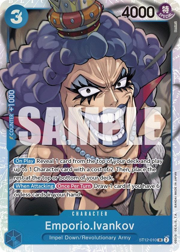 A Super Rare trading card from the Starter Deck: Zoro and Sanji, featuring Emporio.Ivankov from the One Piece series, produced by Bandai. The card depicts the character with dramatic makeup, purple hair, and a fierce expression. It has stats of 3 cost and 4000 power and includes abilities that allow for revealing and drawing cards based on hand count. The text overlay states 