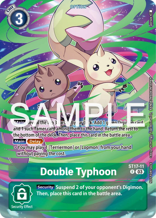 A trading card from the Digimon Starter Deck: Double Typhoon Advanced Deck Set Promos showcases the move "Double Typhoon" with Terriermon and Lopmon in the foreground. The vibrant, swirling background features green, pink, and purple hues. Text details the card's abilities, security effect, and cost. "SAMPLE" is written across the middle. The specific product is Double Typhoon [ST17-11] (Spring Break Event 2024).