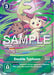 A trading card from the Digimon Starter Deck: Double Typhoon Advanced Deck Set Promos showcases the move "Double Typhoon" with Terriermon and Lopmon in the foreground. The vibrant, swirling background features green, pink, and purple hues. Text details the card's abilities, security effect, and cost. "SAMPLE" is written across the middle. The specific product is Double Typhoon [ST17-11] (Spring Break Event 2024).