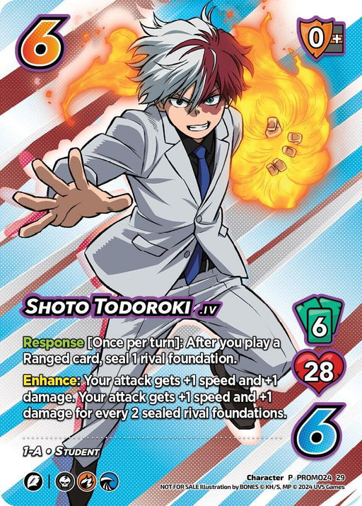 A UniVersus Shoto Todoroki (Season 1 Local Qualifier Promo) [Miscellaneous Promos] features Shoto Todoroki in a dynamic pose, wearing his 1-A student gray school uniform. His white and red hair contrasts with icy shards on his left side and flames emanating from his right hand. The vibrant card displays various stats and abilities, perfect for a Ranged card.