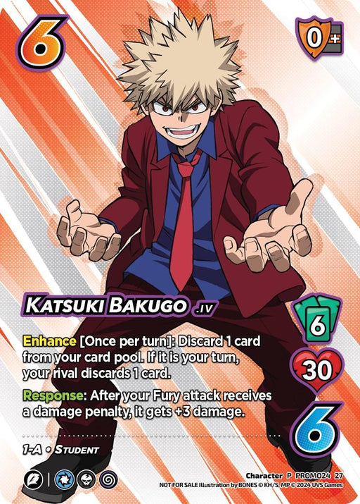Image of a trading card featuring Katsuki Bakugo. He wears a red school uniform blazer, white shirt, and blue tie. This UniVersus Katsuki Bakugo (Season 1 Local Qualifier Promo) [Miscellaneous Promos] character card has the following stats: 6 control, 0 difficulty, 6 enhance, 30 health, and 6 damage. Text details his abilities and includes "Character #1 PROMO 247" at the bottom.