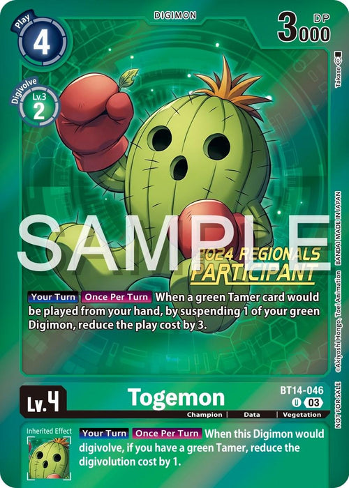 Image of a Digimon card featuring Togemon. The card, part of the Blast Ace Promos, has a green background with a cactus-like creature wearing boxing gloves at the center. Togemon [BT14-046] (2024 Regionals Participant) [Blast Ace Promos] is a Lv. 4 Digimon with a play cost of 4 and 3000 DP. Its effects and abilities are displayed below the image, and there is a "SAMPLE" watermark across.