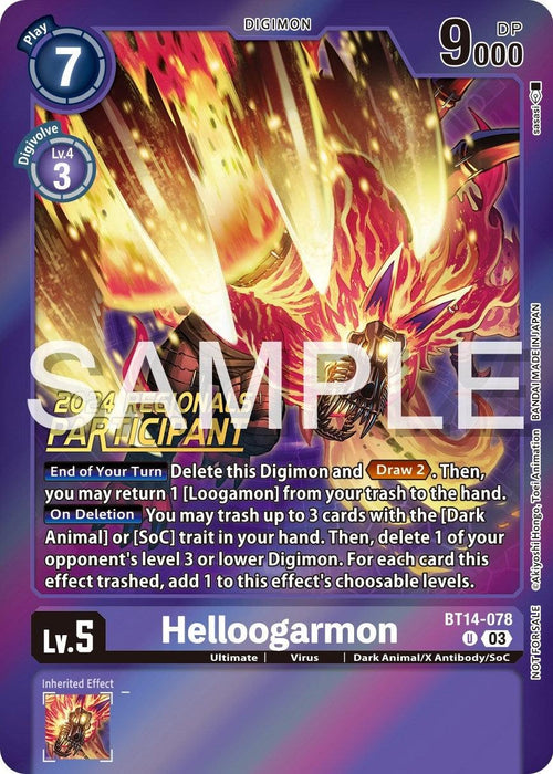 A Digimon card featuring "Helloogarmon [BT14-078] (2024 Regionals Participant) [Blast Ace Promos]," a Level 5 Ultimate Digimon with 9000 DP and a play cost of 7. Visuals include fiery, menacing artwork with flames and dark tones. As part of the Blast Ace Promos, it details its effects and abilities, including a trash and draw mechanic. "SAMPLE" is overlaid diagonally.