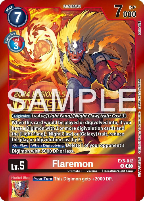 A Digimon card featuring Flaremon, a fierce, fiery lion-like creature with flames radiating from its mane and claws. The red background reads "Regional Championships 2024." With a play cost of 7 and a DP of 7000, this Level 5 card is part of the exclusive Animal Colosseum Promos set. This specific product is called Flaremon [EX5-012] (2024 Regionals Finalist) [Animal Colosseum Promos] by Digimon.
