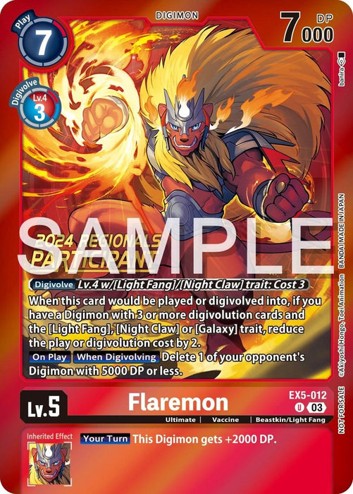 An illustration of a Digimon card featuring Flaremon [EX5-012] (2024 Regionals Participant) [Animal Colosseum Promos]. The card is predominantly red and includes various stats and abilities. Flaremon is depicted fiercely with bright flames and an intense expression. The card details include level, DP, digivolution requirements, and inherited effects. "SAMPLE" text is overlaid.
