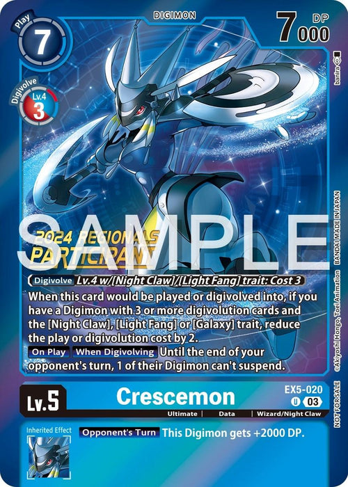A Digimon trading card showcases Crescemon [EX5-020] (2024 Regionals Participant) [Animal Colosseum Promos], a level 5 Digimon of the Wizard/Night Claw type with 7000 DP and a 7 play cost. The card features intricate artwork of Crescemon in armor, wielding a scythe. Text highlights its abilities, such as gaining power and digivolution requirements. "SAMPLE" is overlaid.