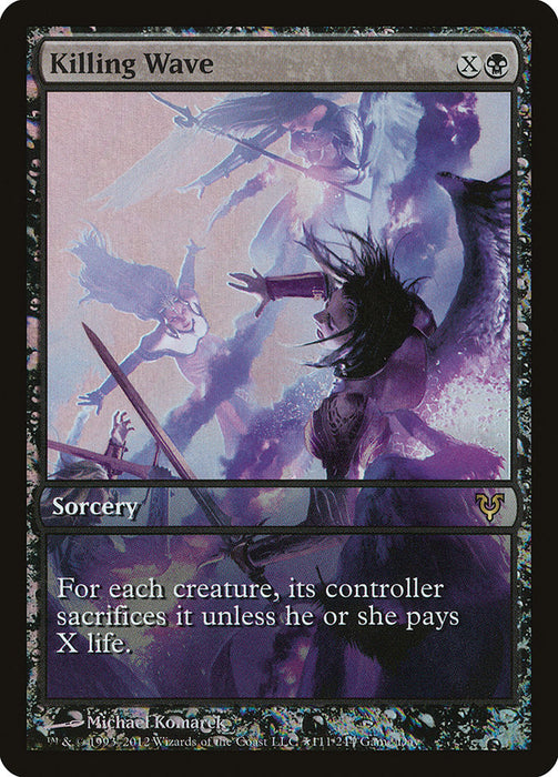 Magic: The Gathering card titled "Killing Wave (Game Day) [Avacyn Restored Promos]." This rare sorcery card from Avacyn Restored is illustrated with a dark, mystical scene depicting a battle with winged creatures amid swirling purple and white energy. The card text reads: "For each creature, its controller sacrifices it unless he or she pays X life.