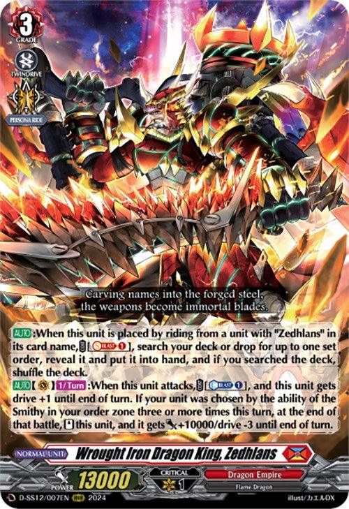 A card from the game "Cardfight!! Vanguard" titled Wrought Iron Dragon King, Zedhlans (D-SS12/007EN) [Triple Drive]. This Triple Rare card from Bushiroad features artwork of a fierce, Flame Dragon from the Dragon Empire with glowing red and yellow accents, wielding a massive, jagged sword. It has symbols, stats: Grade 3, 13000 power, and detailed abilities in the text box.