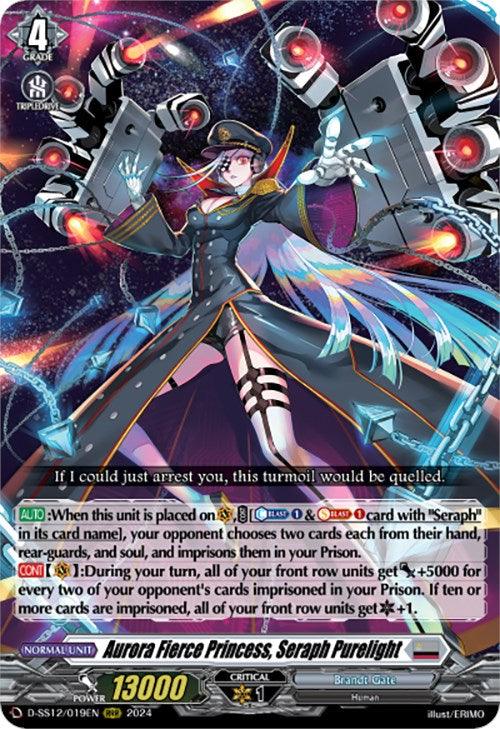 An illustrated card features Aurora Fierce Princess, Seraph Purelight (D-SS12/019EN) [Triple Drive], standing in a dynamic pose against a cosmic background. Clad in a detailed uniform with wings and wielding two energy weapons, she boasts a power of 13,000 and critical of 1. Below her image is the detailed game text for Brandt Gate's Triple Drive by Bushiroad.