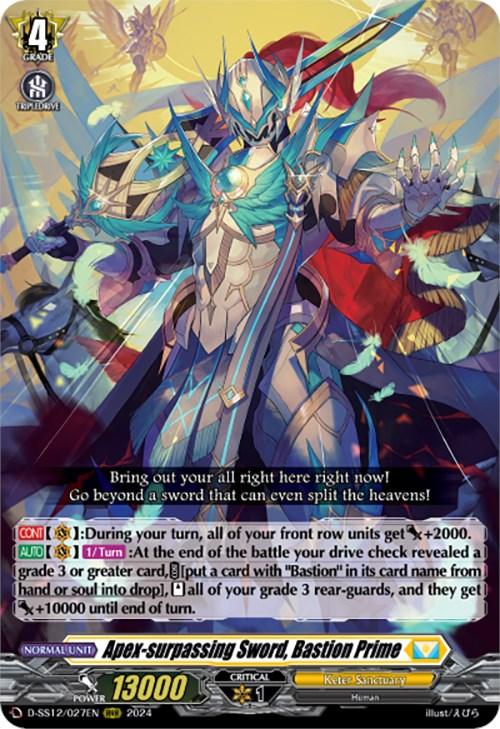 A colorful trading card featuring the "Triple Rare" character "Apex-surpassing Sword, Bastion Prime (D-SS12/027EN) [Triple Drive]" from a Keter Sanctuary card game. Bastion Prime is a majestic armored knight wielding a large sword with glowing blue energy. The card showcases attributes, power, abilities like 'Triple Drive,' and intricate artwork with detailed text in small font by Bushiroad.